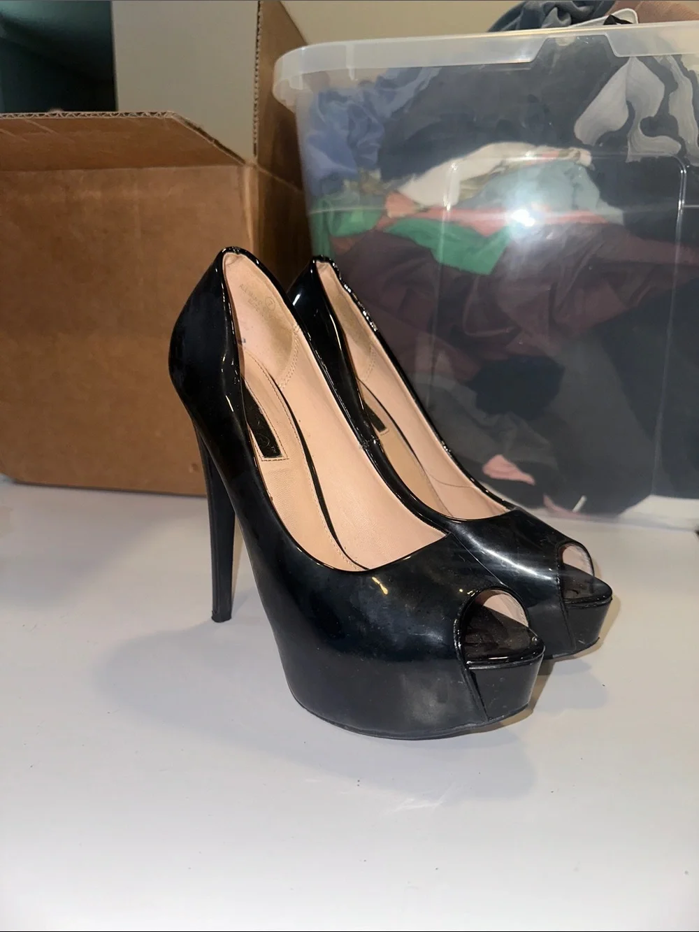 Women’s Black Patent Peep-Toe Platform Heels